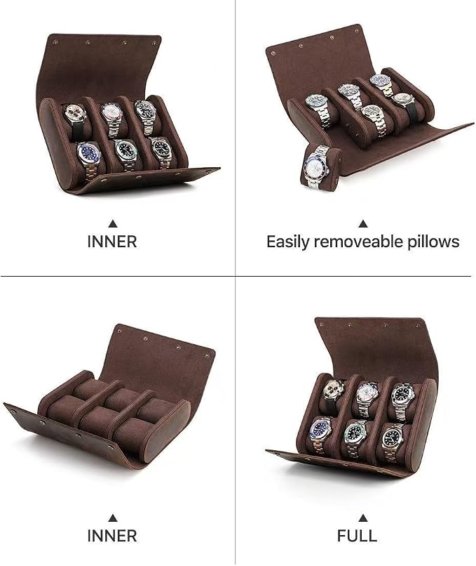 Genuine Leather Watch Roll Travel Case,Vintage Full Grain Leather Watch Box with Pillow for Men,Watch Storage Organizer for Home Storage,Travel Watch Organizer Box (6 Slots)